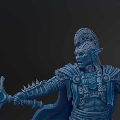A detailed 3D rendering of a blue armored warrior figure, with intricate armor and a pointed helmet, standing in a fighting stance.