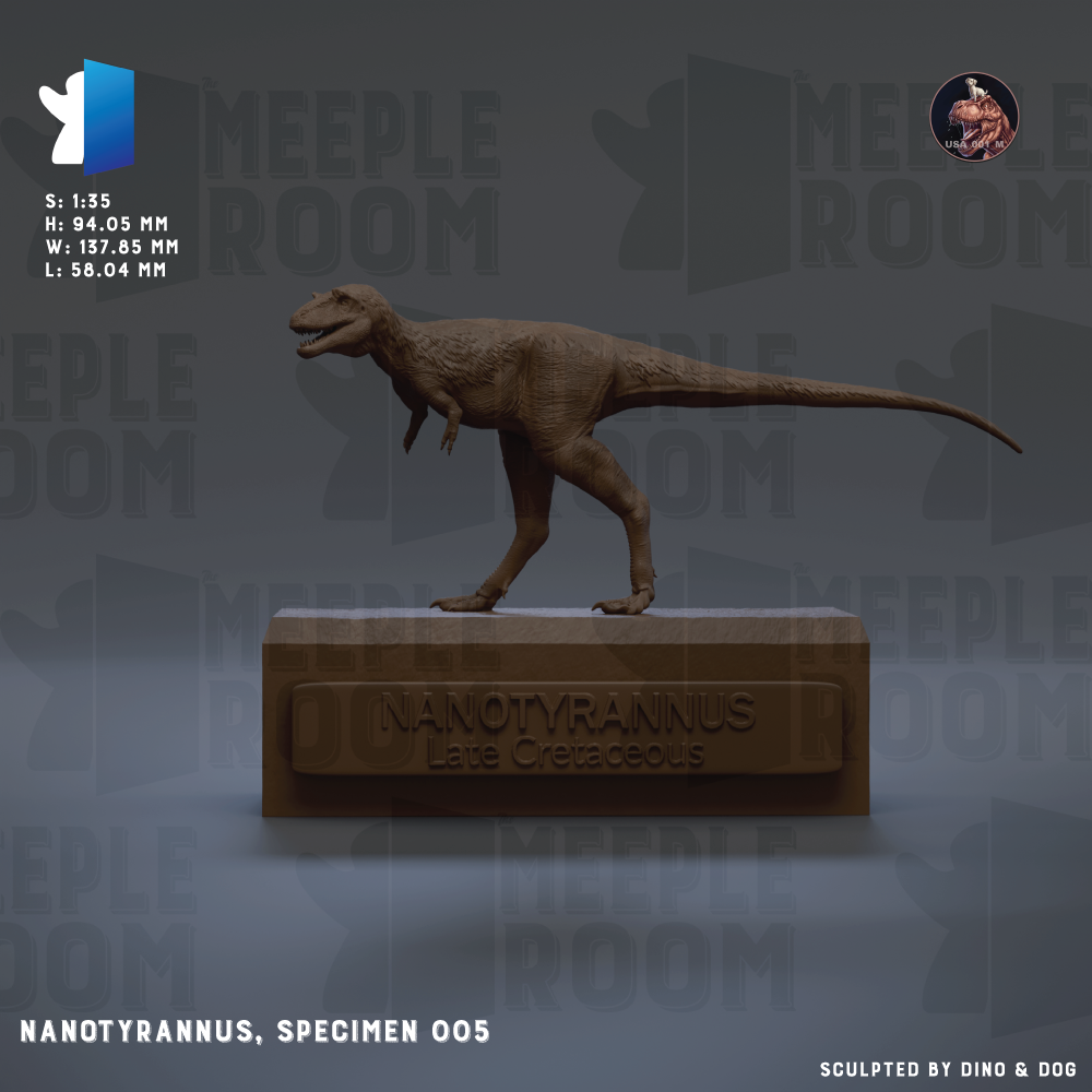 a 3D model of a dinosaur, specifically Nanotyrannus, which is a Late Cretaceous dinosaur. The dinosaur is standing on a rectangular base with the name "Nanotyrannus" carved into it. The image is a collage of various images, and it is described as a "Nanotyrannus, Specimen 005" and "Sculpted by dinosaur & dog".