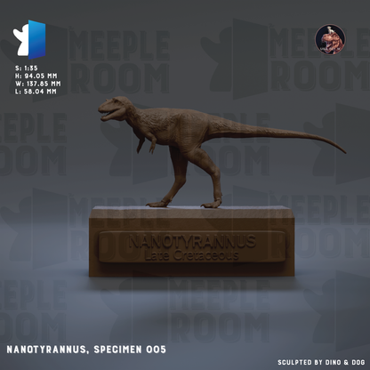 a 3D model of a dinosaur, specifically Nanotyrannus, which is a Late Cretaceous dinosaur. The dinosaur is standing on a rectangular base with the name "Nanotyrannus" carved into it. The image is a collage of various images, and it is described as a "Nanotyrannus, Specimen 005" and "Sculpted by dinosaur & dog".