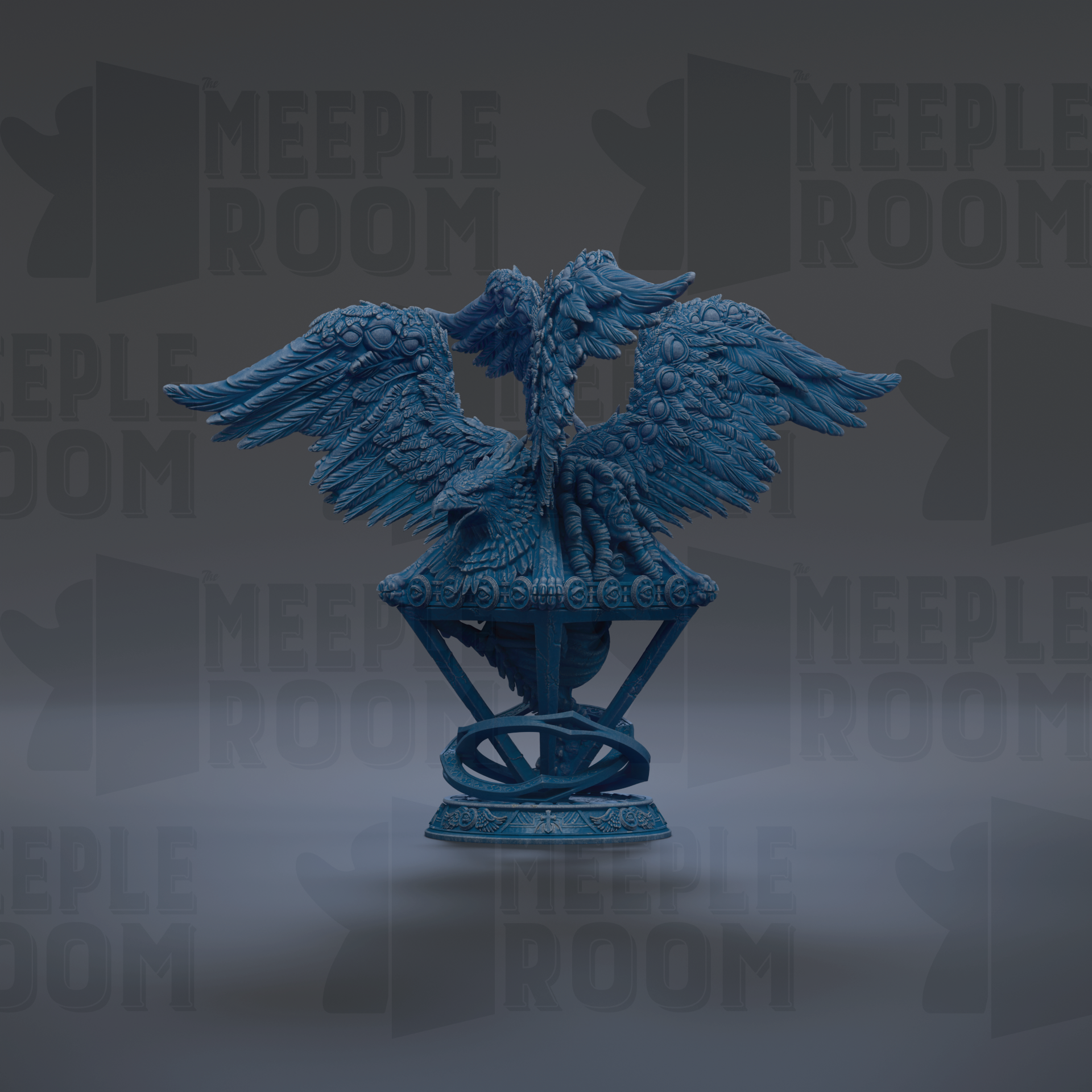A blue, winged statue of a bird perched on a pedestal, with the text "MEUPLE ROOM" repeated in the background.