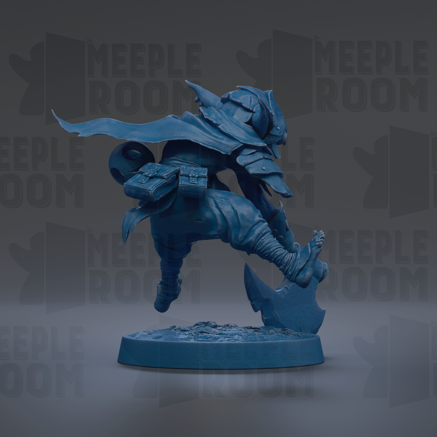 A blue figurine of a warrior wielding a sword and shield, standing on a base and facing to the right.