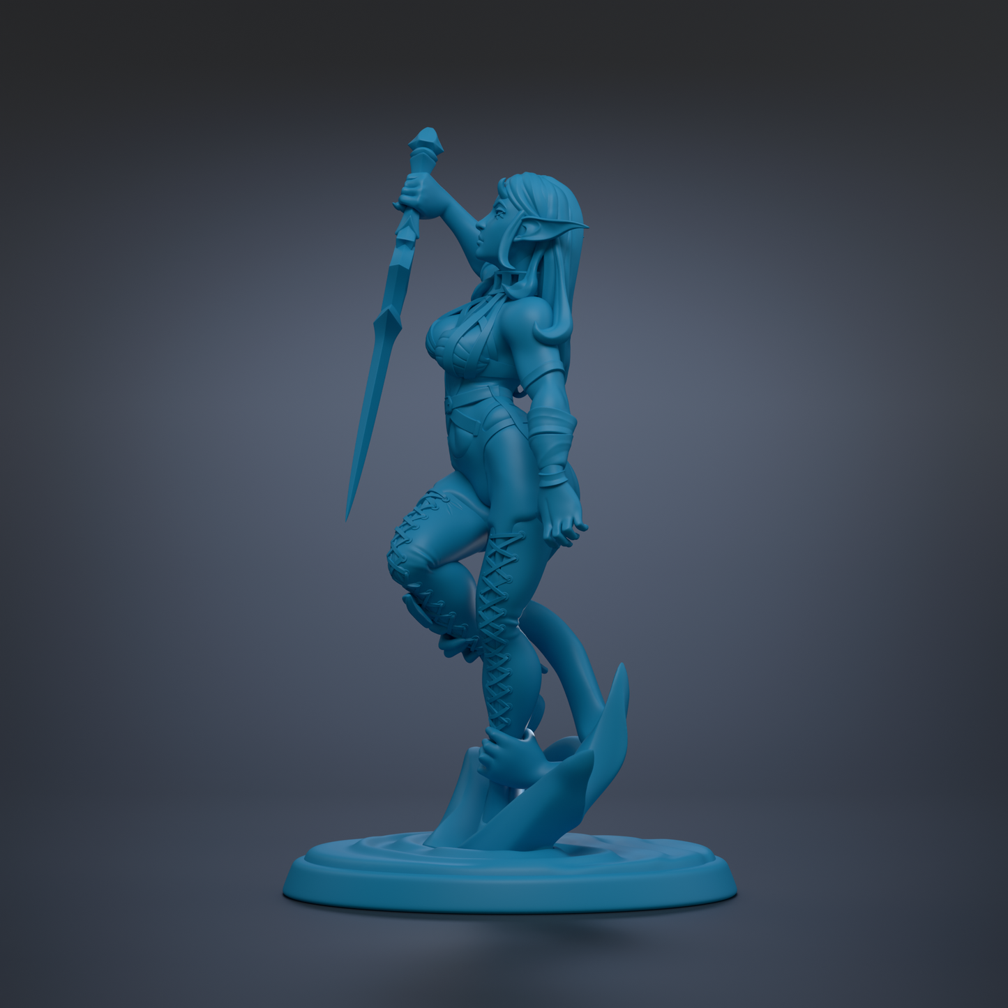 A blue 3D model of a female character with long hair and a sword, standing on a base.