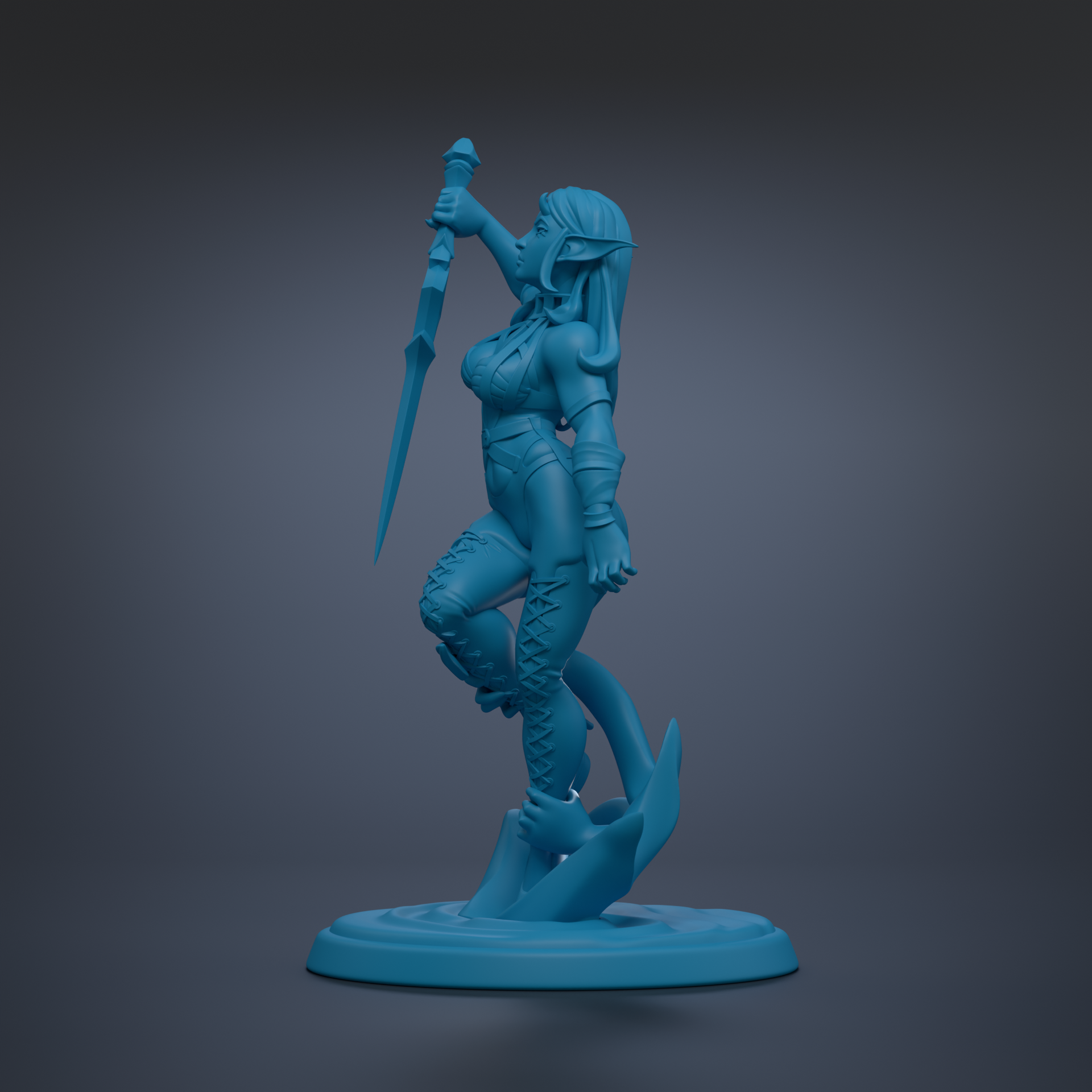 A blue 3D model of a female character with long hair and a sword, standing on a base.