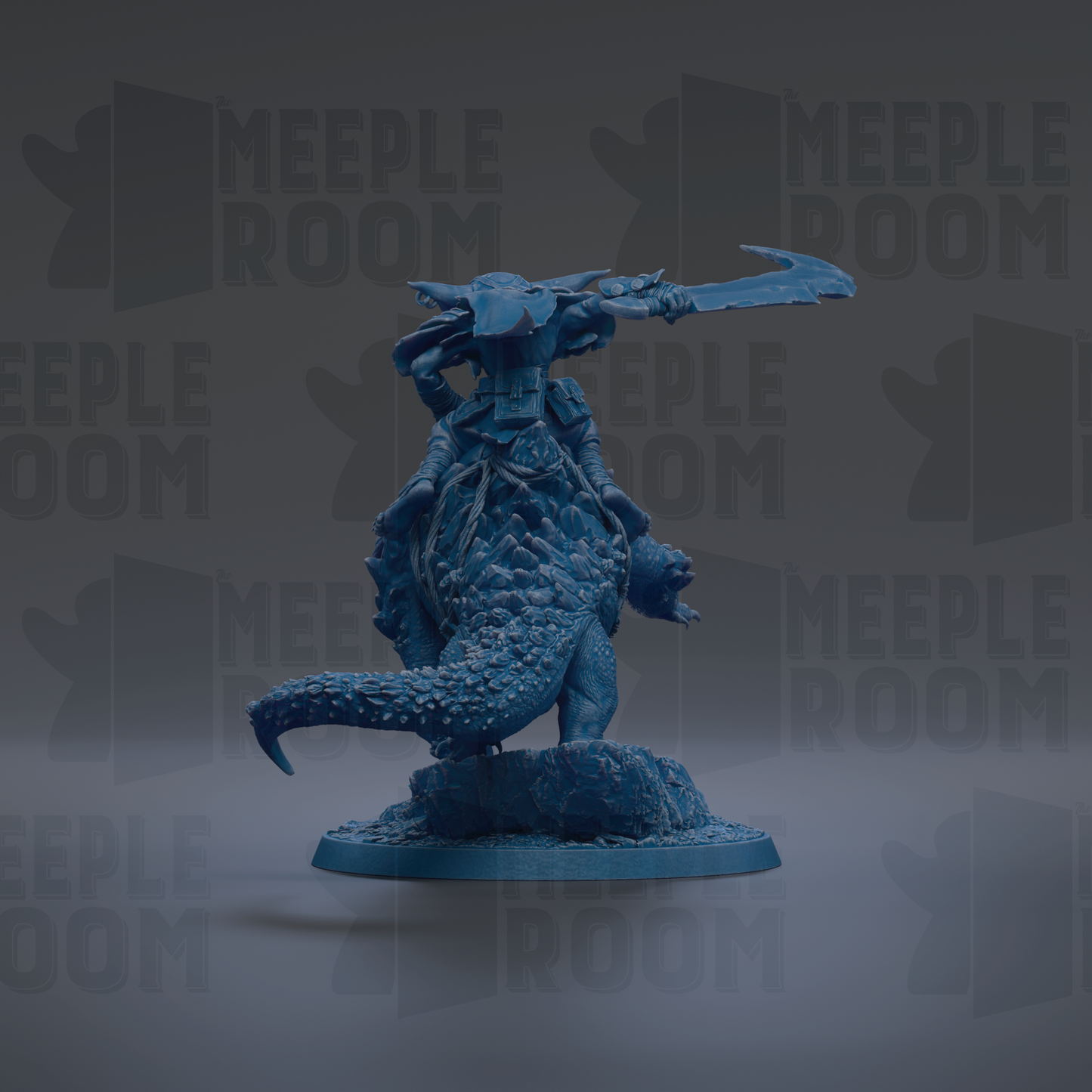 A blue figurine of a dragon-like creature with a sword in its hand, standing on a rock formation.