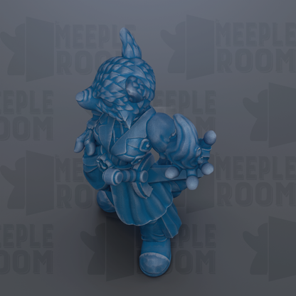 A blue, stylized figurine of a character with a pointed hat and a sword, set against a dark background with repeated text.