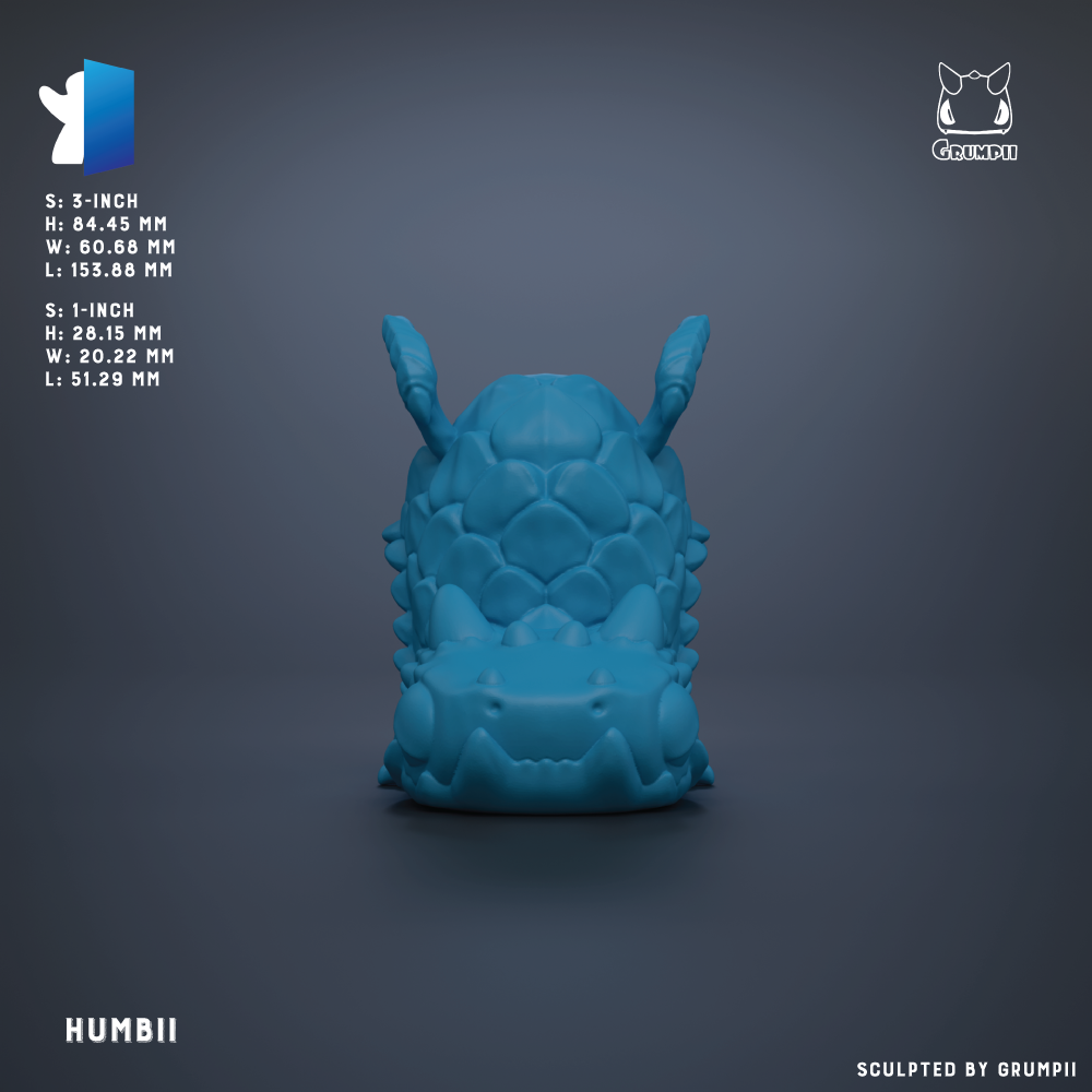 The image is a 3D rendering of a blue, sculpted object with a textured, organic appearance. The object is described as a "HUMBI" and is shown in a close-up view against a dark background.