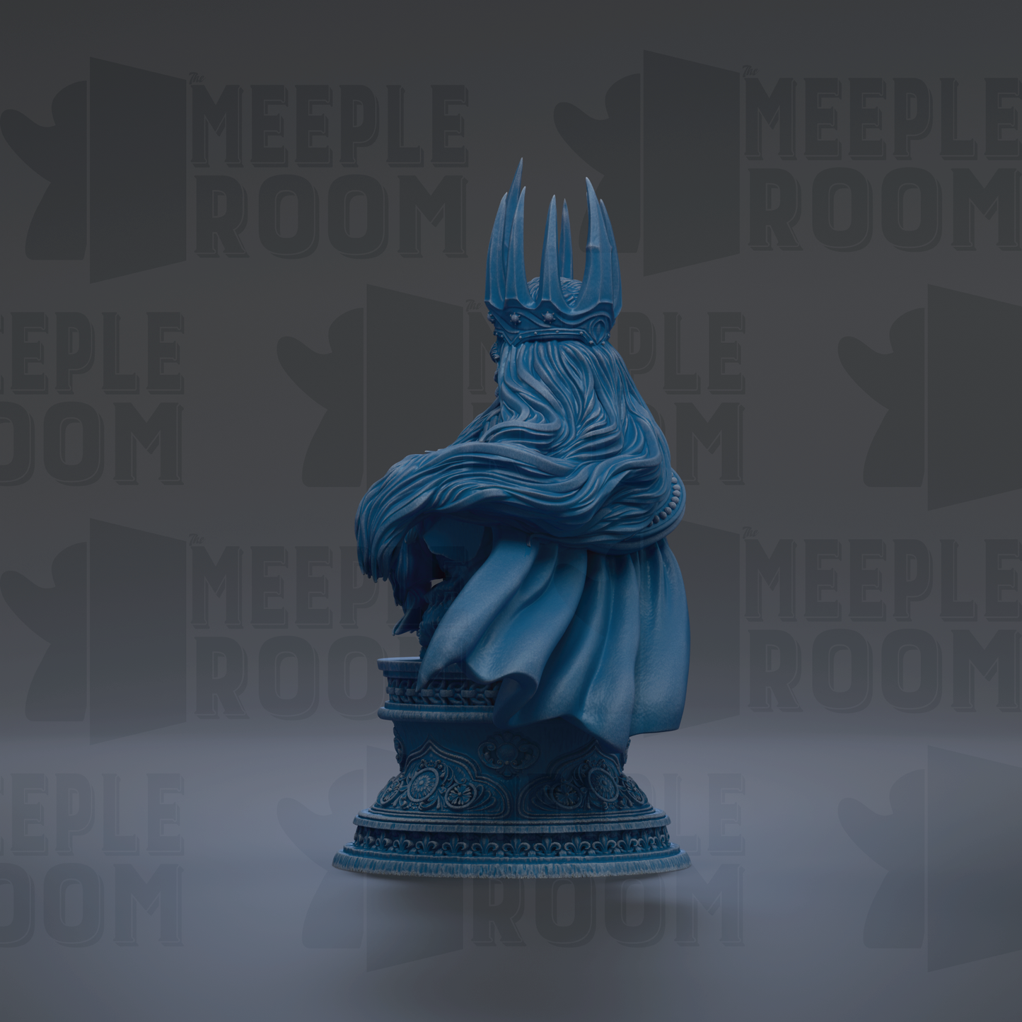 A blue statue of a woman with long hair and a crown, sitting on a pedestal.