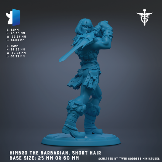 a blue-colored figurine of a warrior figure, specifically named 'Himbro the Barbarian', with short hair and a sword in his hand. The figurine is standing on a base that is either 25 mm or 60 mm in size. The image is a sculpture by Twin Goddess Miniatures.