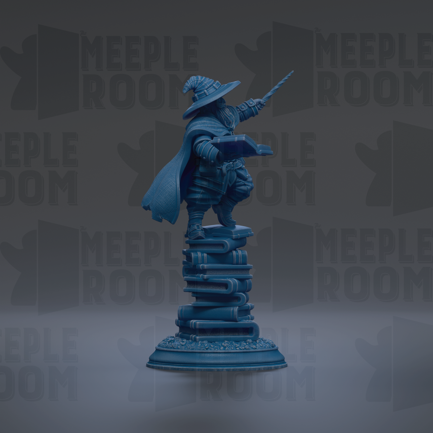 A blue statue of a wizard standing on a stack of books, with the text "MEUPLE ROOM" repeated in the background.