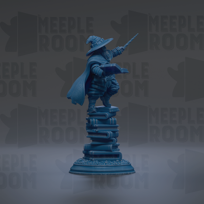 A blue statue of a wizard standing on a stack of books, with the text "MEUPLE ROOM" repeated in the background.