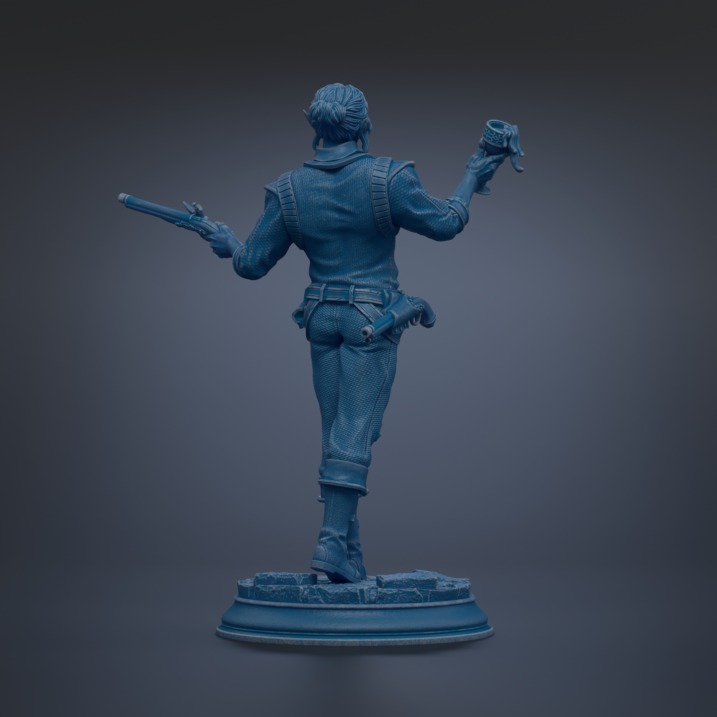 A blue statue of a person holding a mug and a gun, standing on a pedestal.
