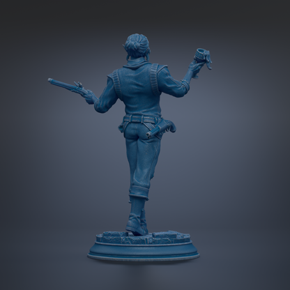 A blue statue of a person holding a mug and a gun, standing on a pedestal.