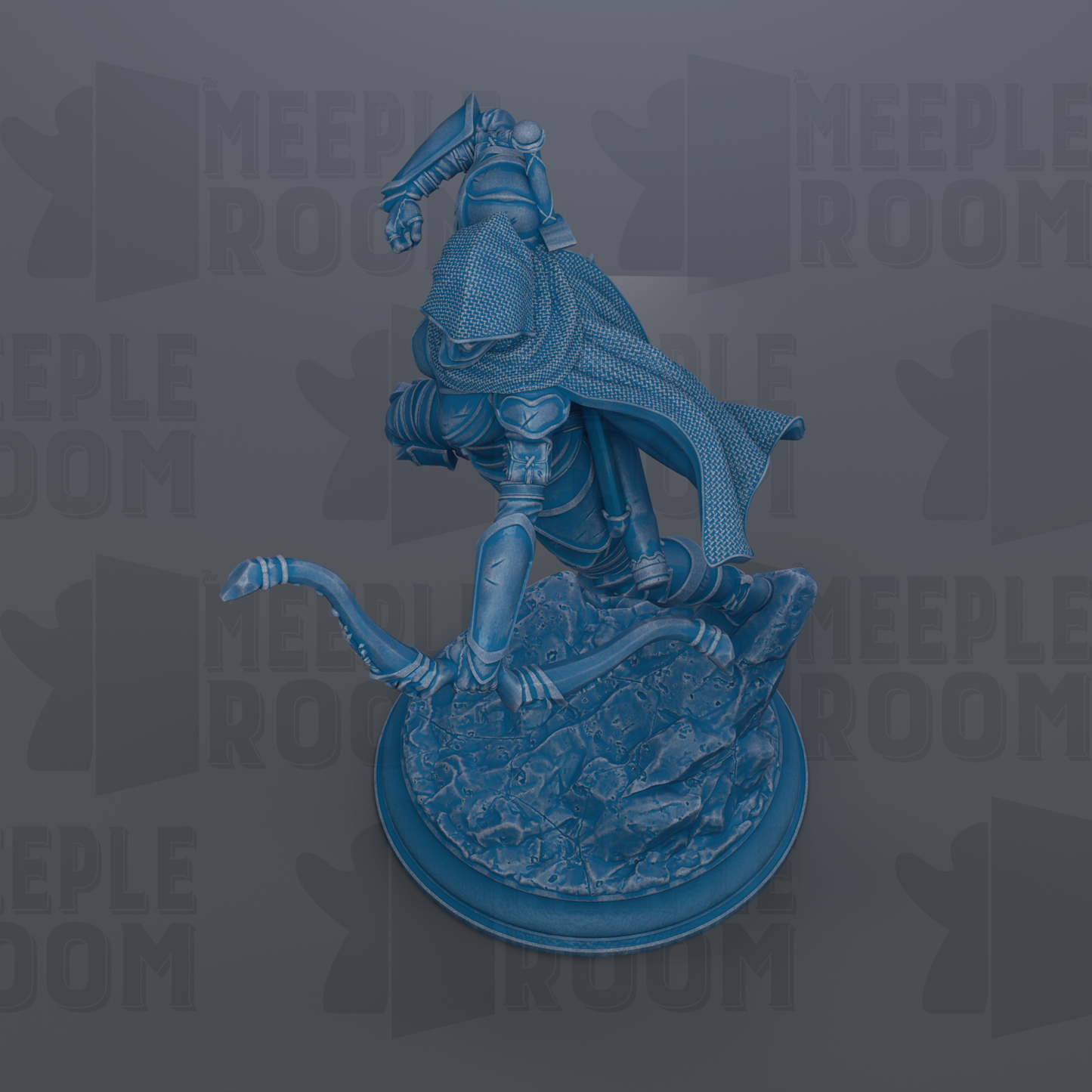 A 3D rendering of a blue armored figure, possibly a warrior or knight, standing on a rocky platform and holding a weapon.