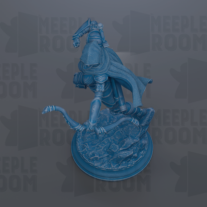 A 3D rendering of a blue armored figure, possibly a warrior or knight, standing on a rocky platform and holding a weapon.