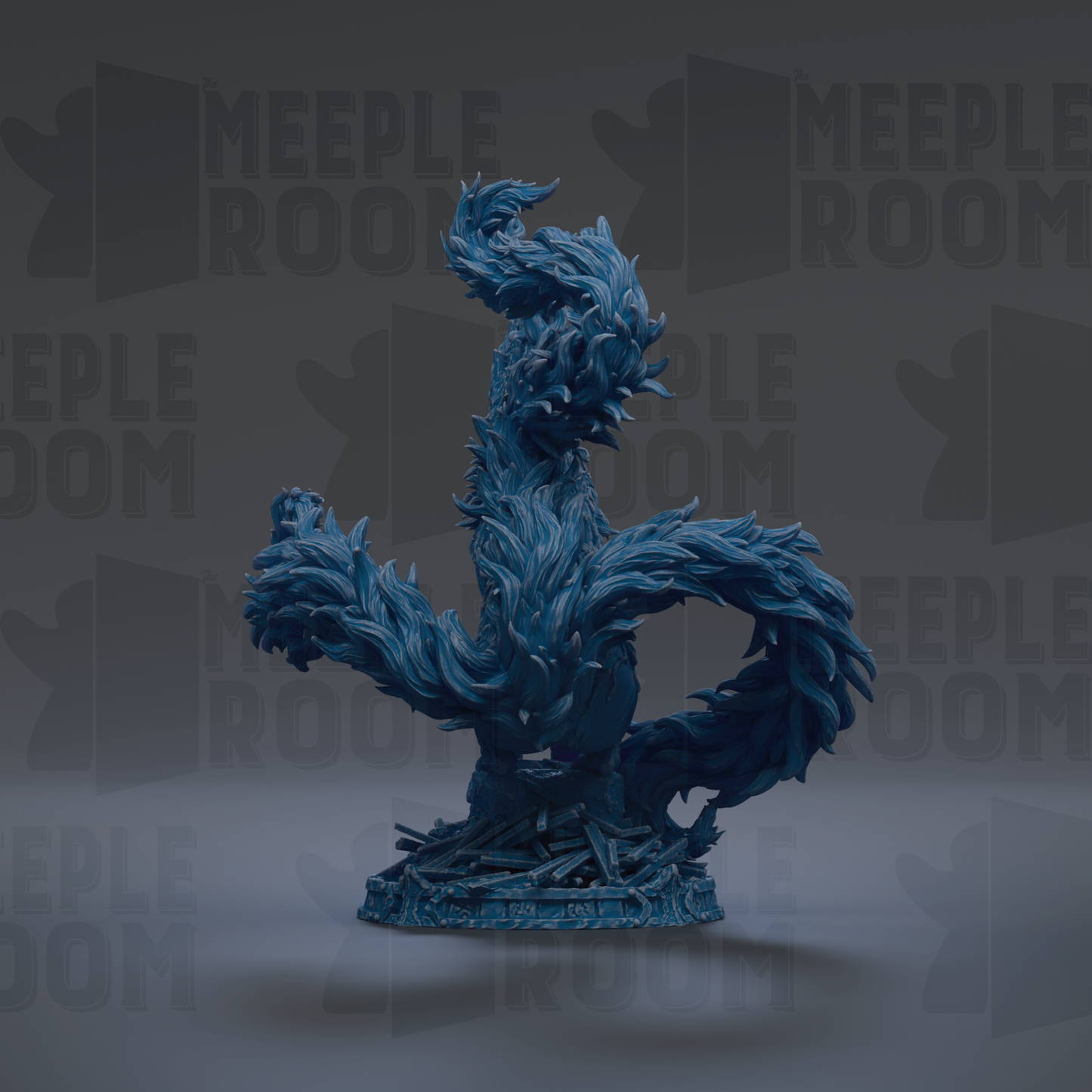 A blue, abstract dragon-like creature with flowing, organic shapes and patterns, set against a dark background with repeated text.