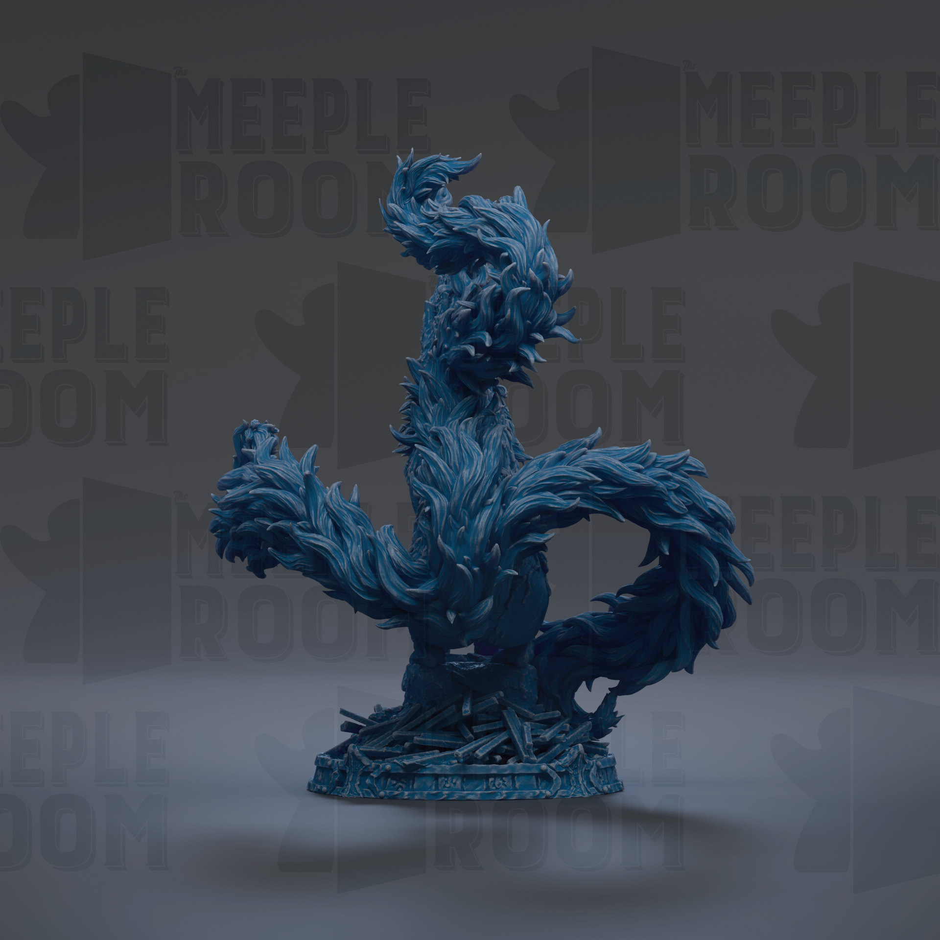 A blue, abstract dragon-like creature with flowing, organic shapes and patterns, set against a dark background with repeated text.