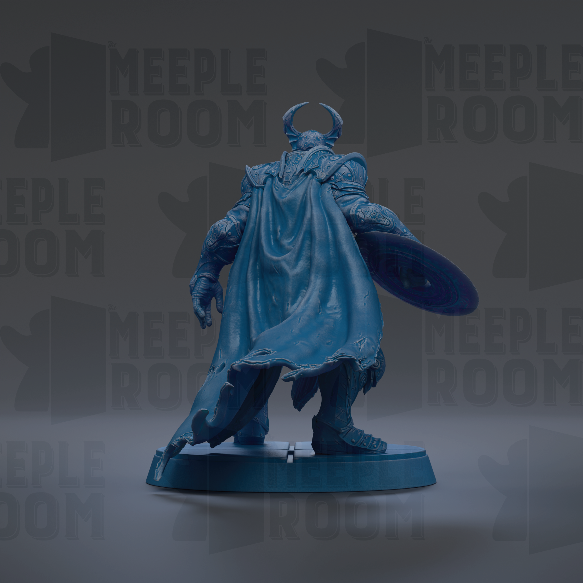 A blue statue of a figure with a cape and shield, standing on a pedestal against a dark background with repeated text.