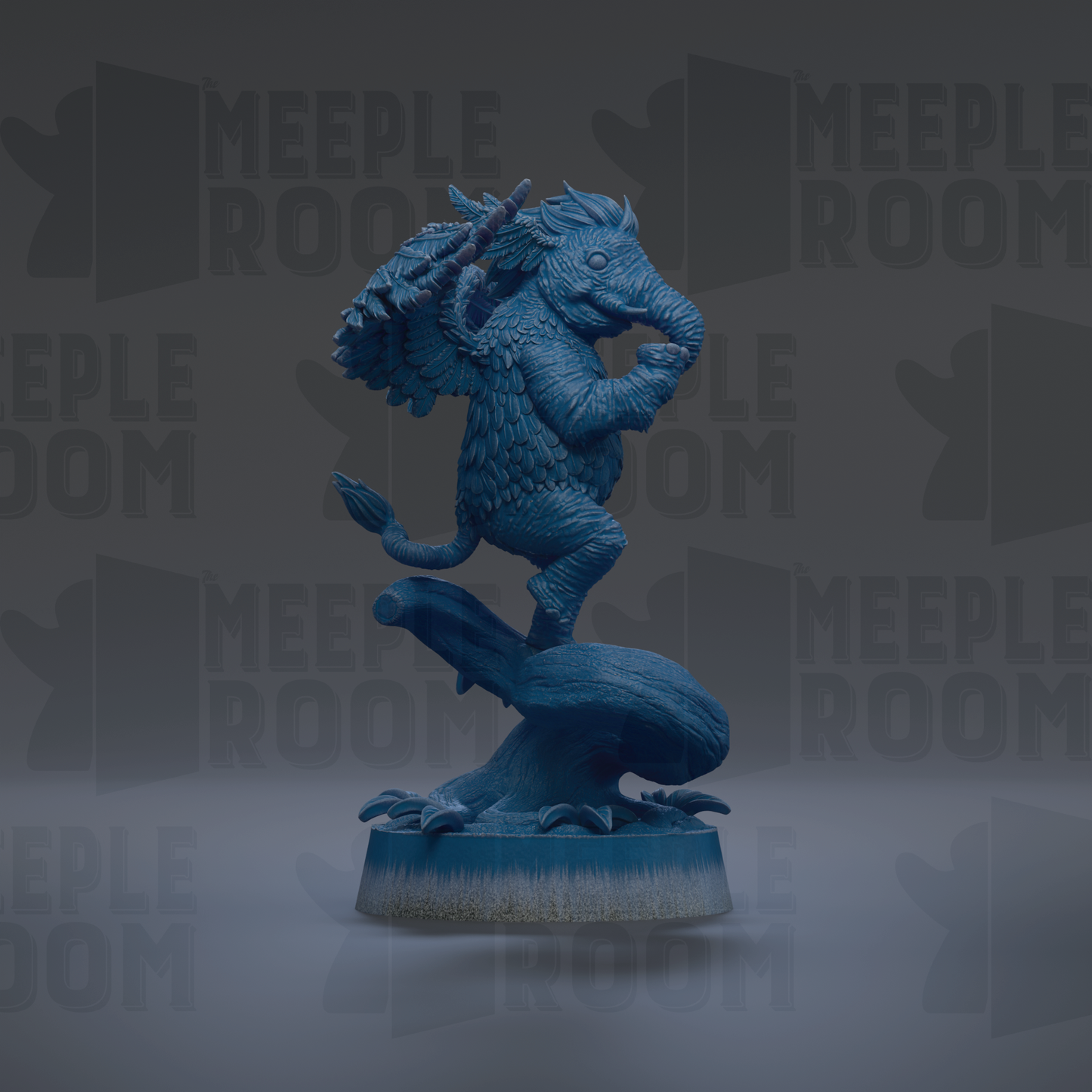 A blue, winged creature with a long trunk is depicted in the center of the image, standing on a blue base.