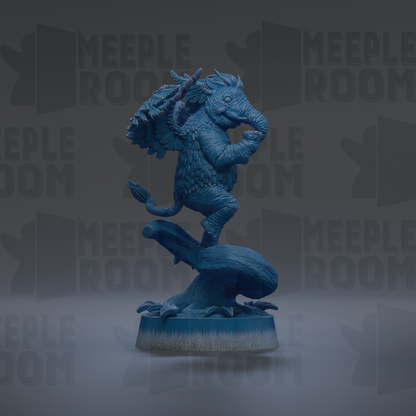 A blue, winged creature with a long trunk is depicted in the center of the image, standing on a blue base.