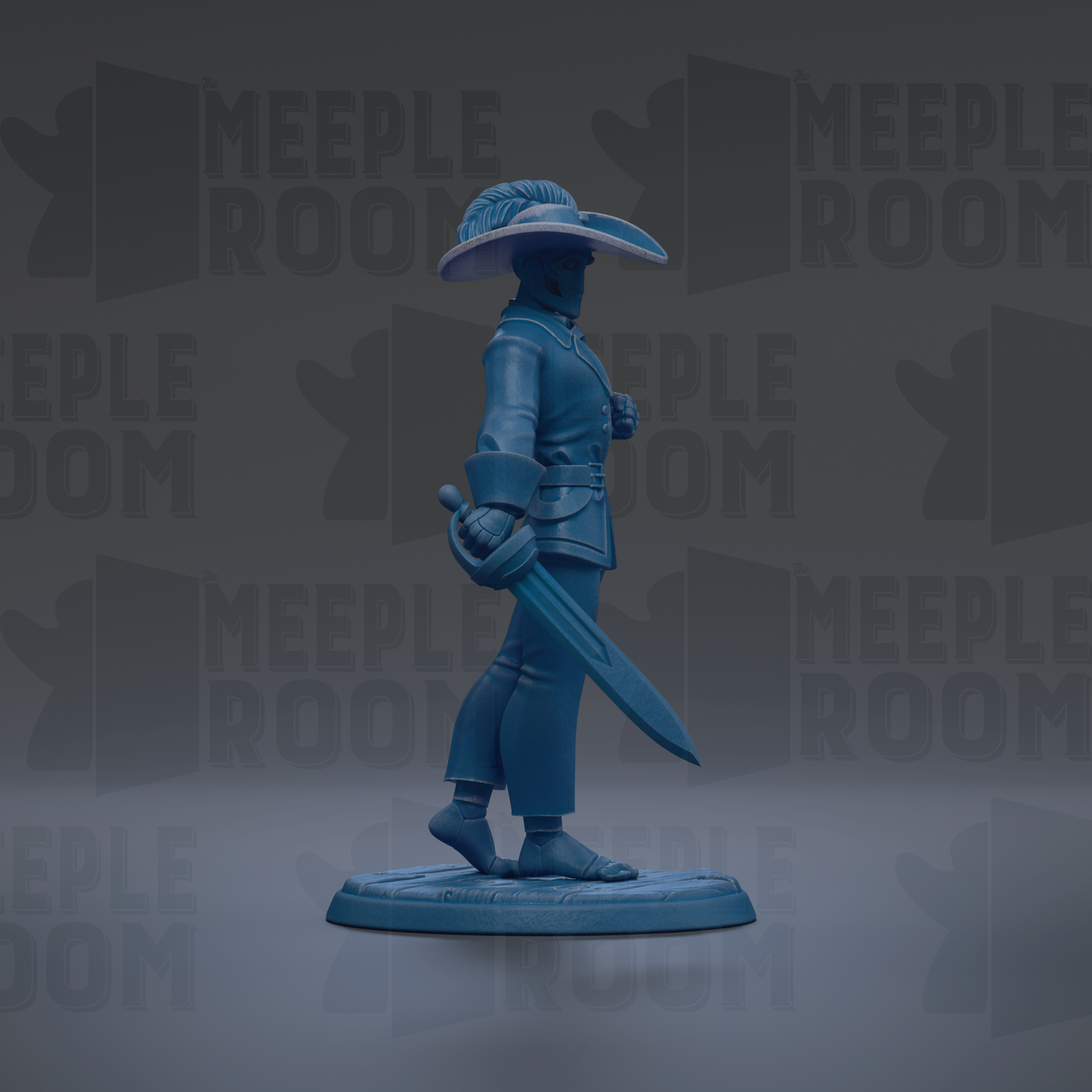 A blue toy figurine of a person holding a sword and wearing a hat, standing on a base against a dark background with repeated text.