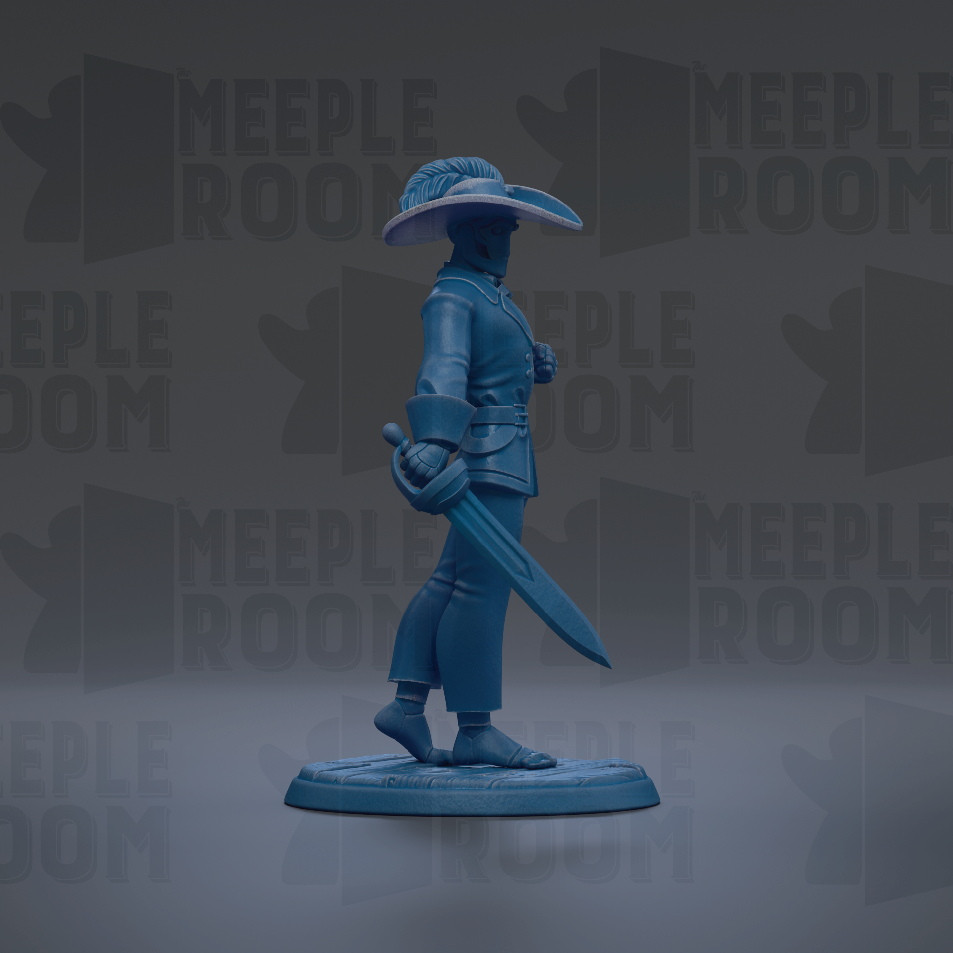 A blue toy figurine of a person holding a sword and wearing a hat, standing on a base against a dark background with repeated text.
