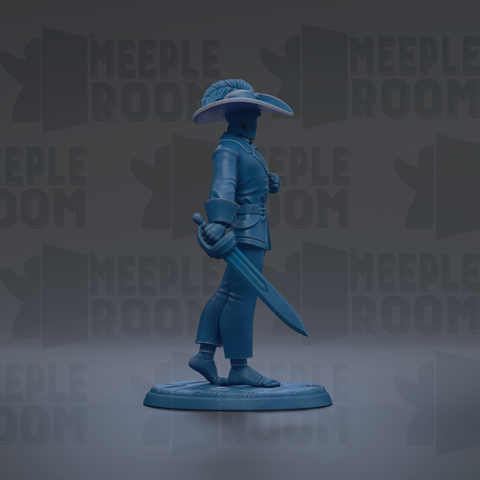 A blue toy figurine of a person holding a sword and wearing a hat, standing on a base against a dark background with repeated text.