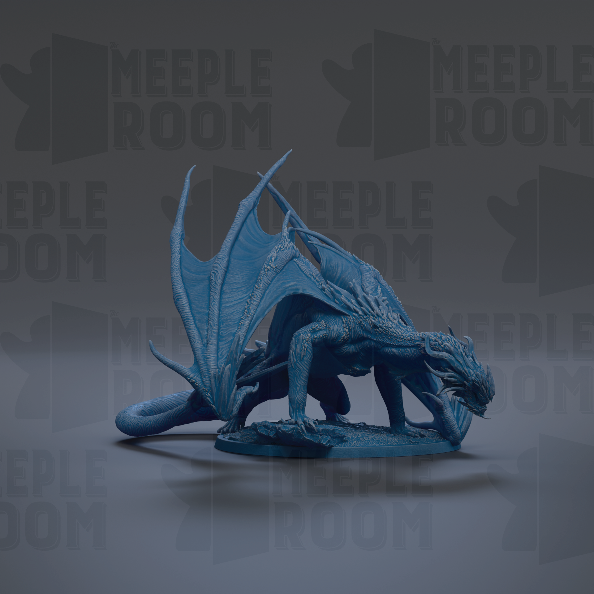 A blue dragon figurine is shown in the image, with its wings spread wide and its tail curled around its body.