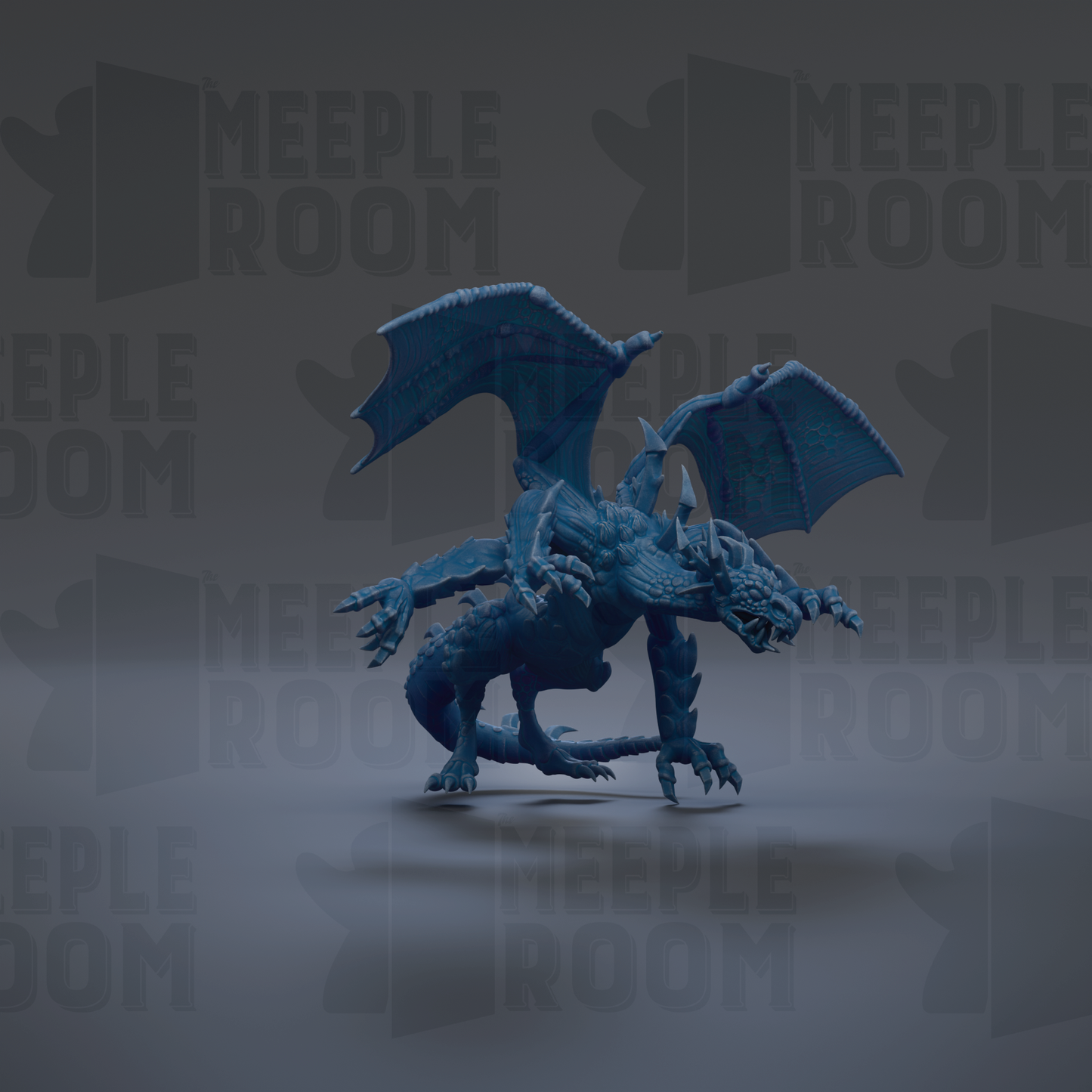 A 3D rendering of a blue dragon-like creature with wings and sharp teeth, standing on a gray surface against a dark background with repeated text.