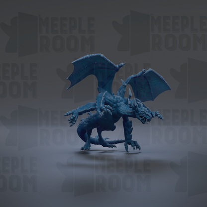 A 3D rendering of a blue dragon-like creature with wings and sharp teeth, standing on a gray surface against a dark background with repeated text.