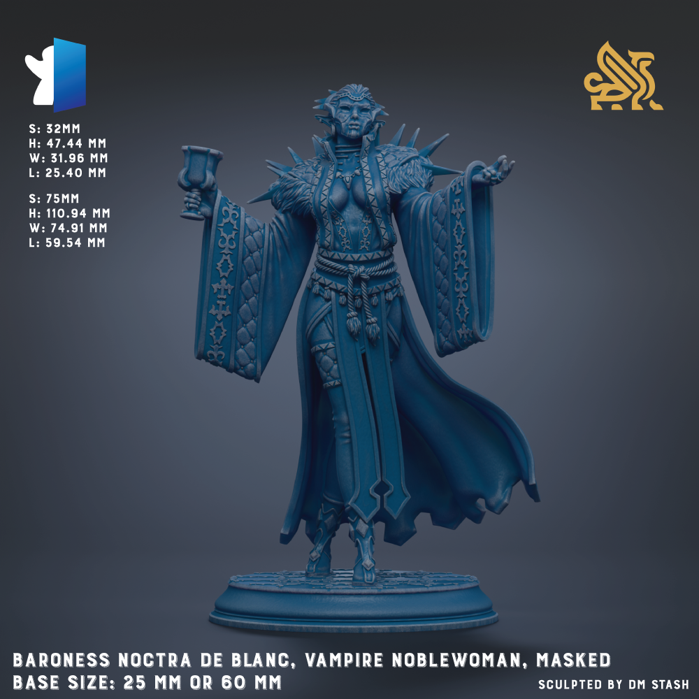 The image is a 3D model of a female character in a blue, ornate costume, holding a cup and standing on a pedestal. The character appears to be a masked figure, possibly a vampire or noblewoman. The image is described as a baroness nectra de blanc, a vampir, and a masked, with a base size of 25 mm or 60 mm.
