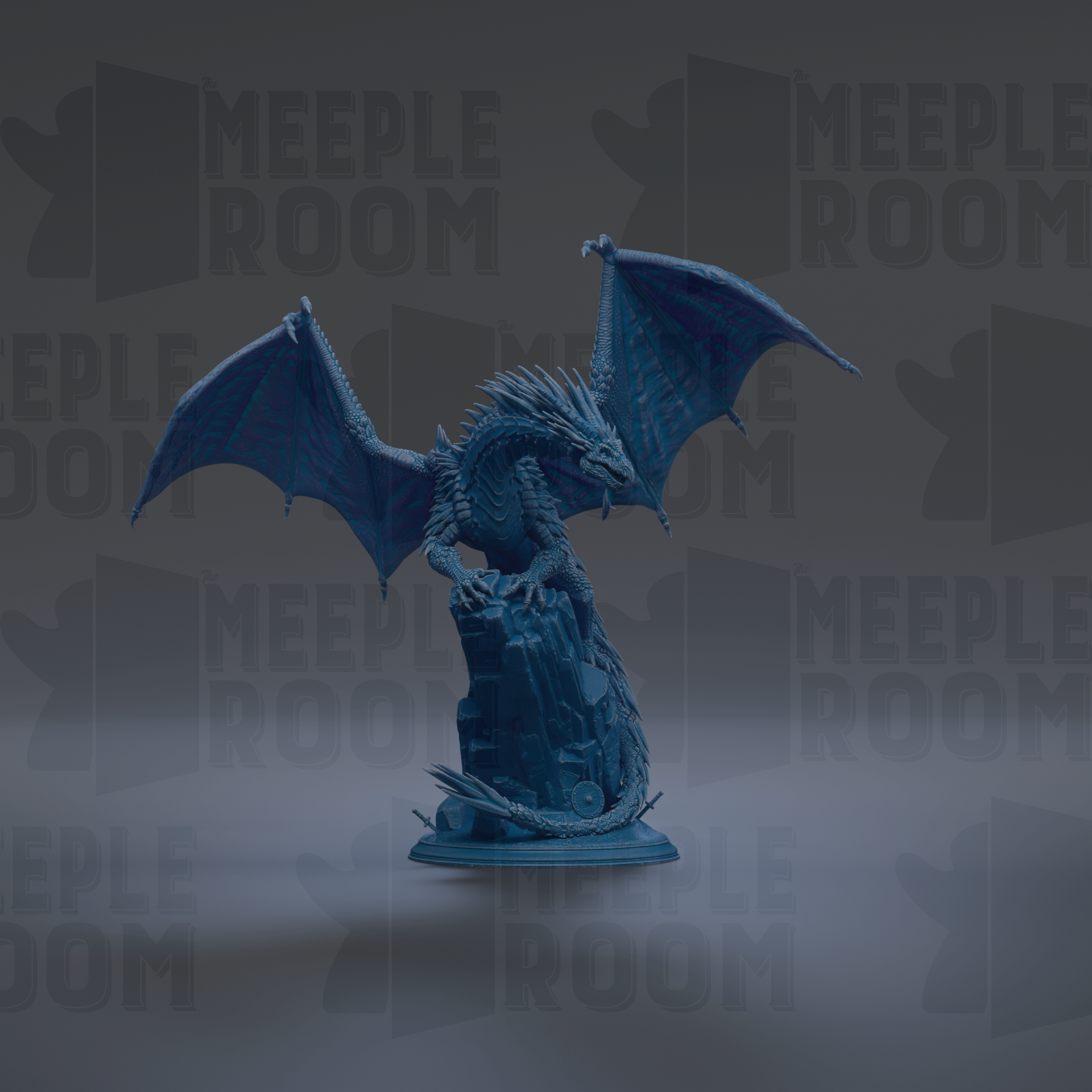 A blue dragon figurine with wings spread, standing on a rock.