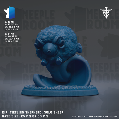 a blue, 3D-rendered sheep figurine with a tiefling shepherding design. The sheep is sitting on a base and appears to be a solo sheep. The image is described as a "meadow" and is part of a collection of images. The base size of the sheep is either 25 mm or 50 mm. The image is described as being "sculpted by Twin Goddess Miniatures".