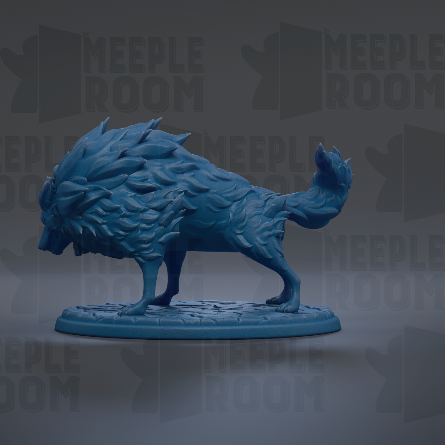 A blue, stylized wolf figurine is displayed on a platform against a dark background with repeated text.