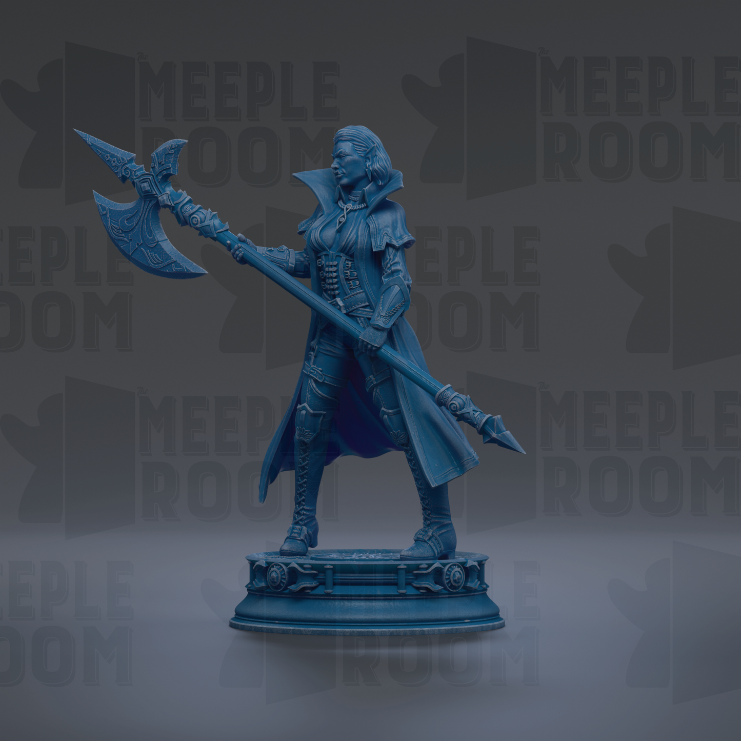 A blue figurine of a woman holding a large weapon, possibly a sword or spear, stands on a pedestal against a dark background with repeated text.