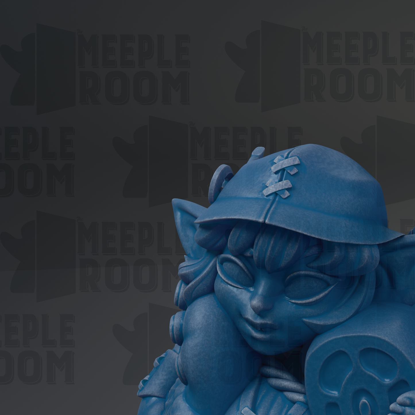 A blue, cartoonish statue of a character with a hat and a round object in its hand, set against a dark background with repeated text.