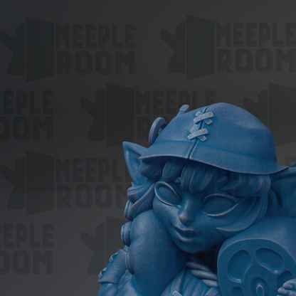 A blue, cartoonish statue of a character with a hat and a round object in its hand, set against a dark background with repeated text.