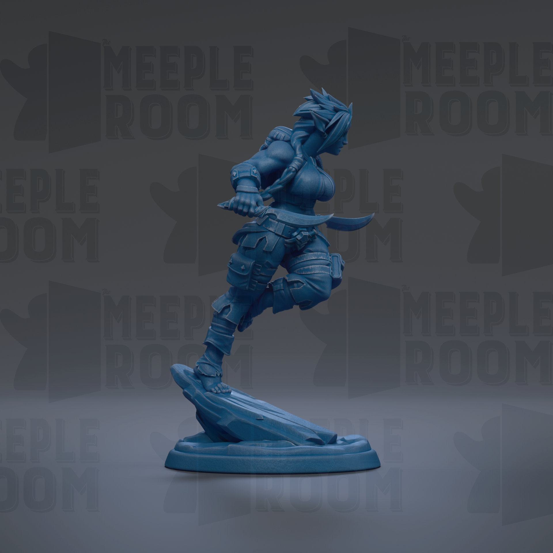 A blue figurine of a female character, possibly a warrior or superhero, is depicted in a dynamic pose, standing on a platform and holding a weapon.