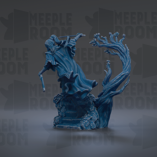 A blue, sculpted figure of a person with flowing robes and a sword, set against a dark background with repeated text.