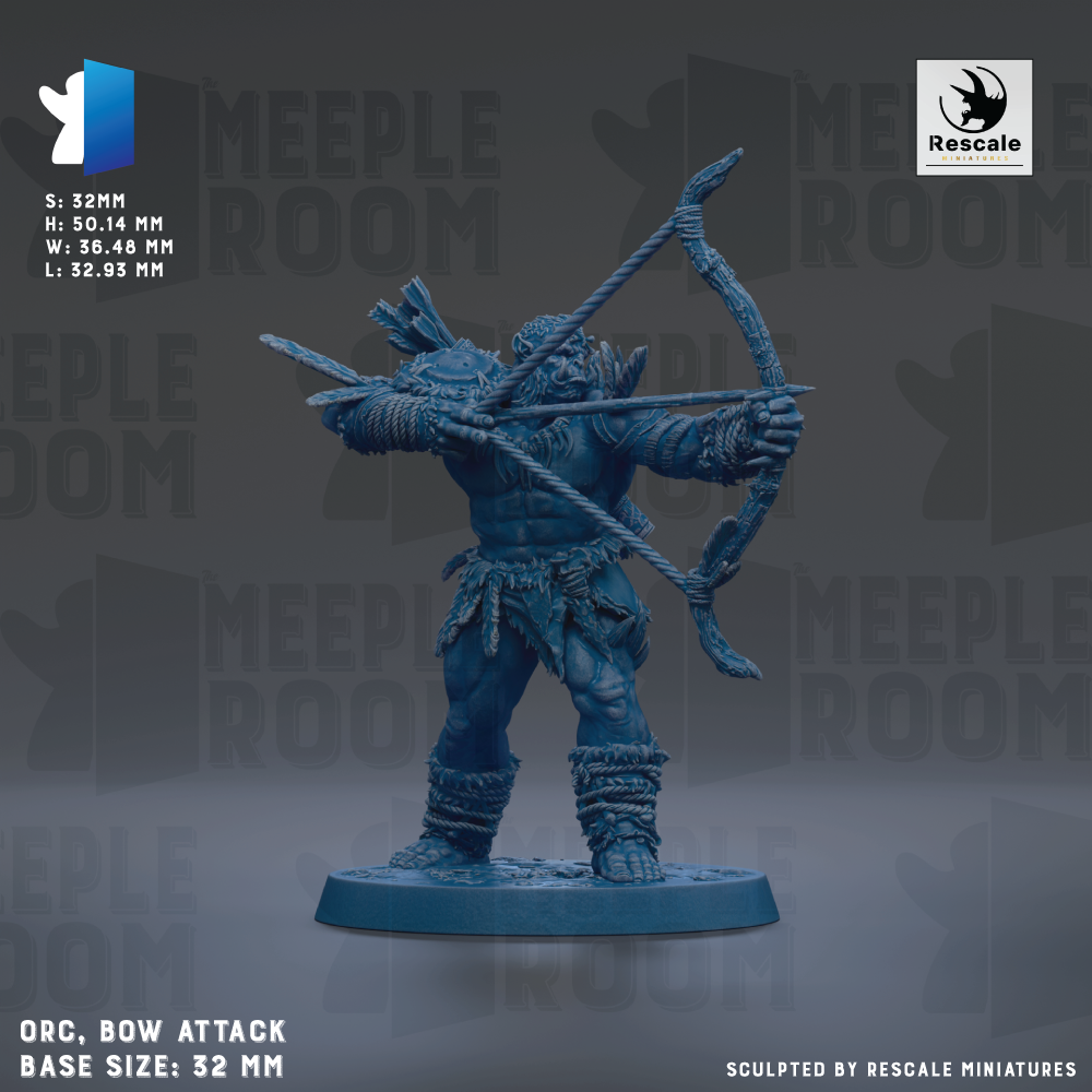 a blue figurine of a warrior wielding a bow and arrow, standing on a base. The figurine is described as an "ORC. BOW ATTACK" and has a base size of 32mm. The image is a sculpture by Rescue Miniatures.