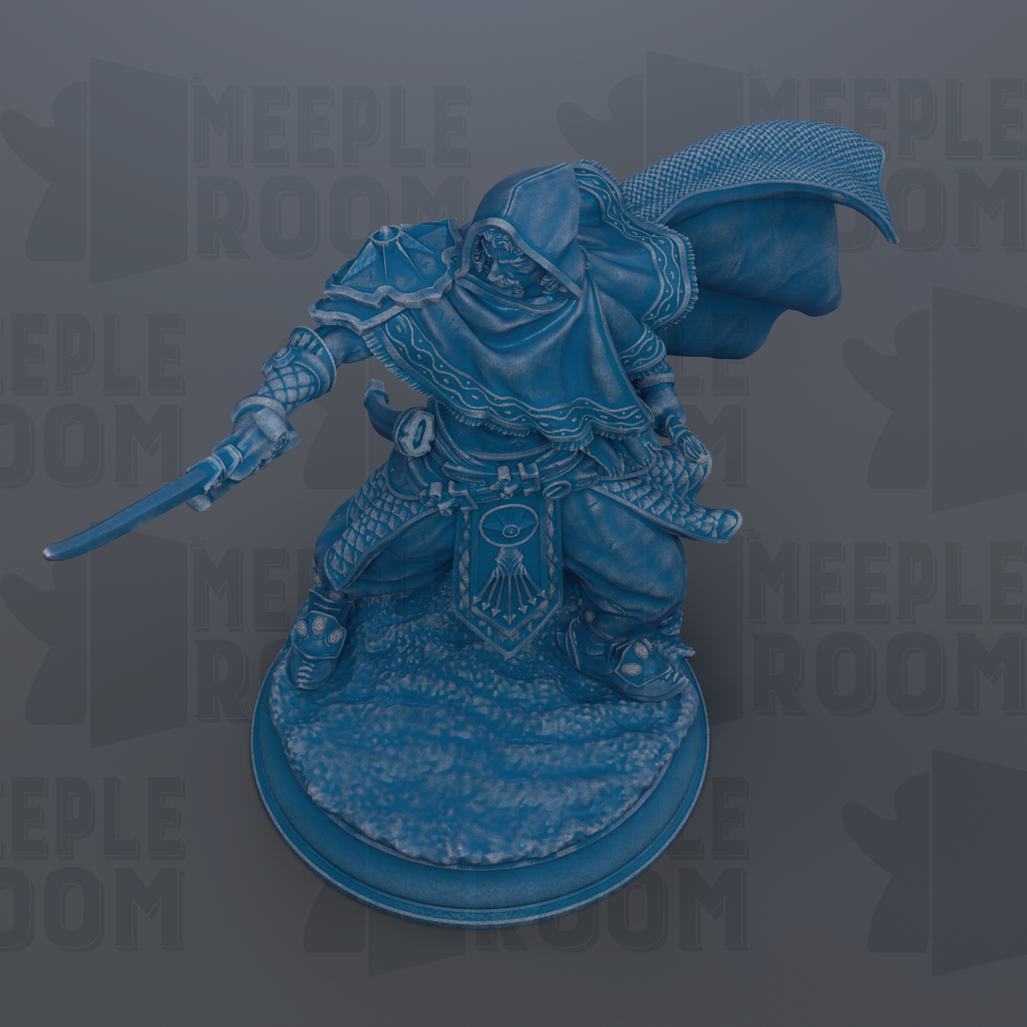 A blue statue of a warrior wielding a sword and shield, standing on a base.
