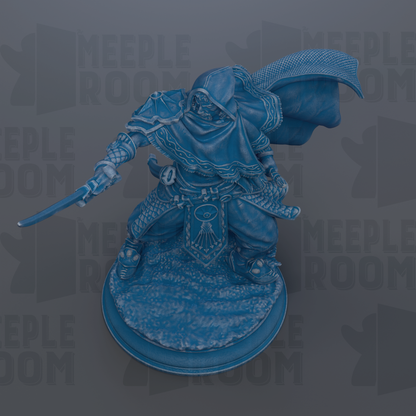 A blue statue of a warrior wielding a sword and shield, standing on a base.