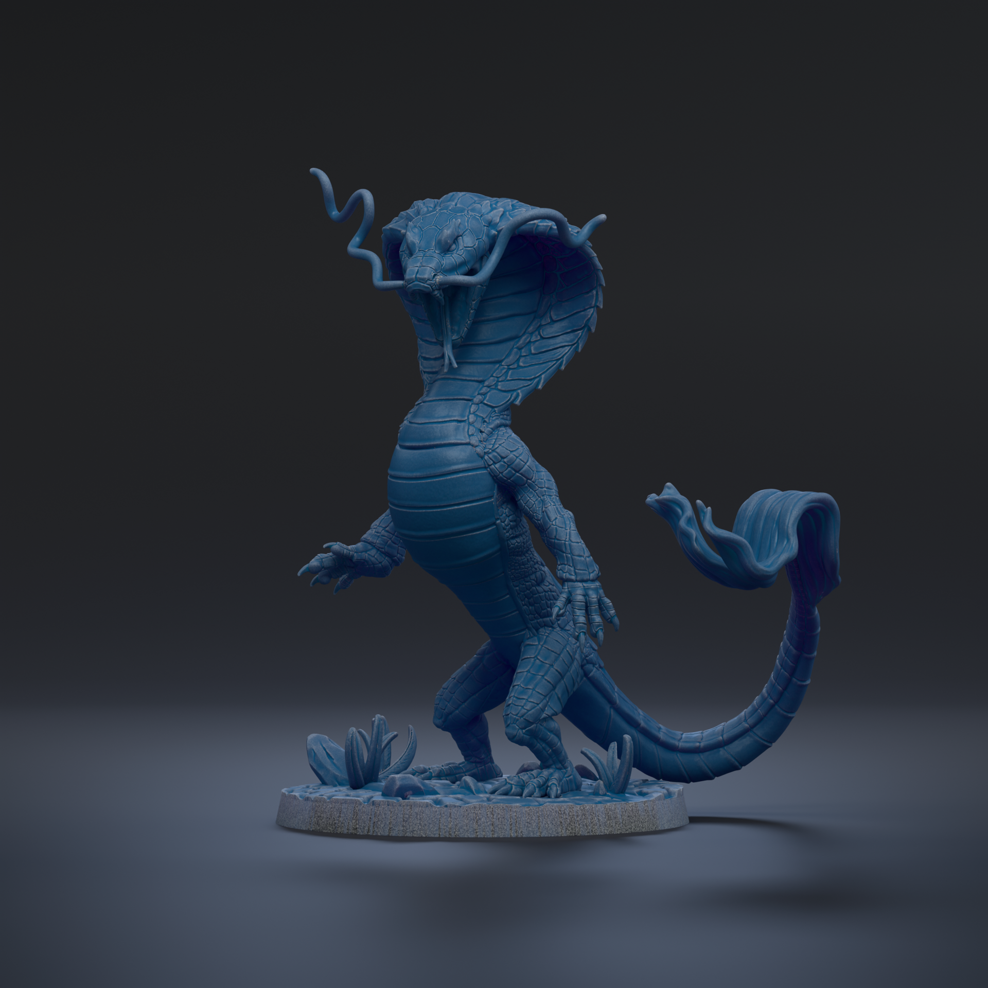 A blue, 3D-rendered dragon figurine with a long, coiled body and a curled tail, standing on a base with some plants.