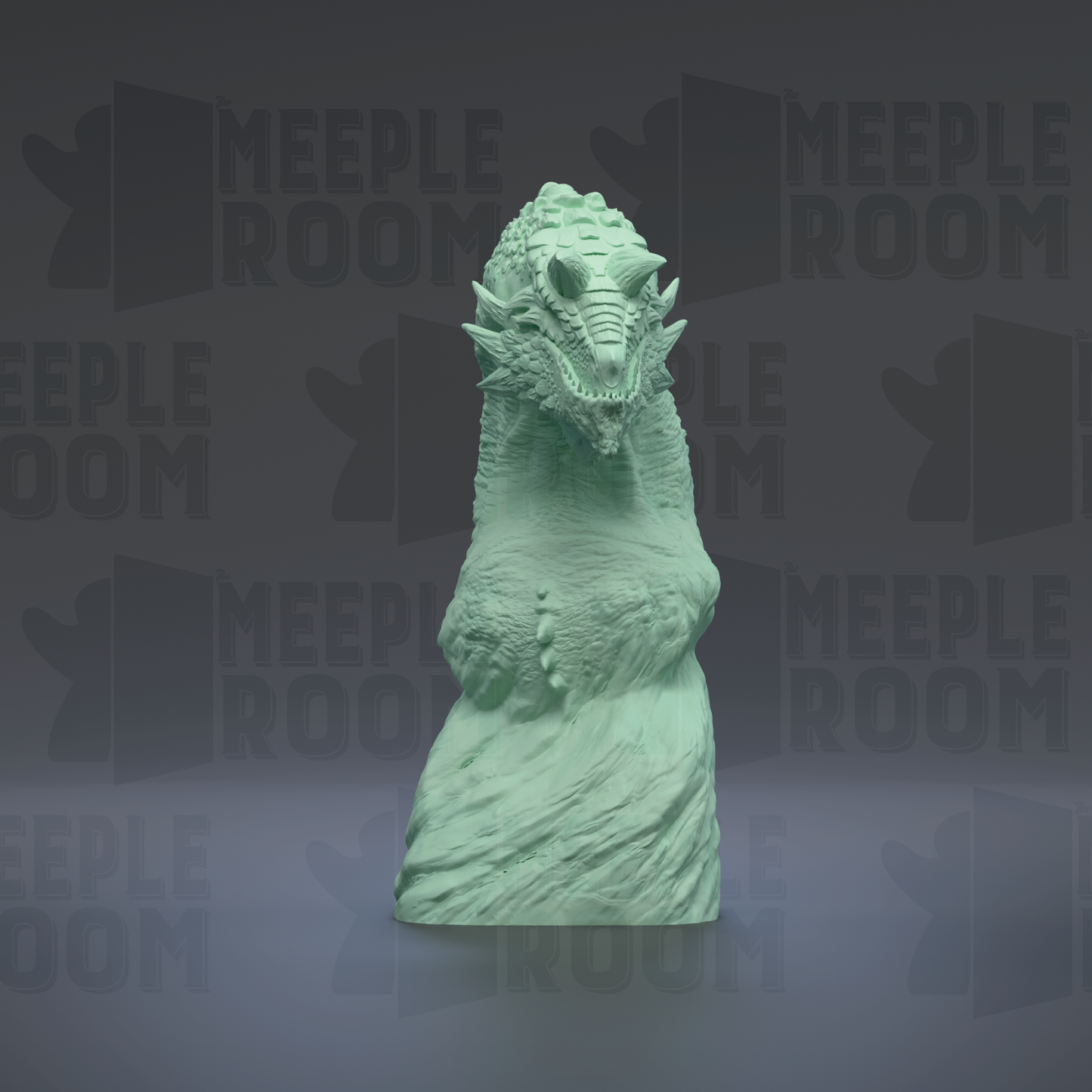 A green dragon statue is displayed against a dark background with repeated text.