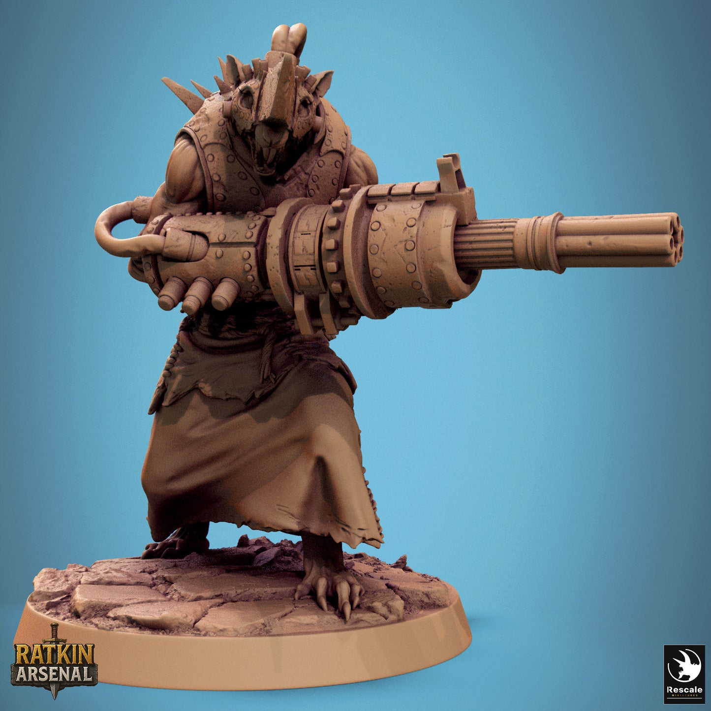 A 3D model of a heavily armored and armed character, possibly a warrior or pirate, standing on a base and holding a large gun.