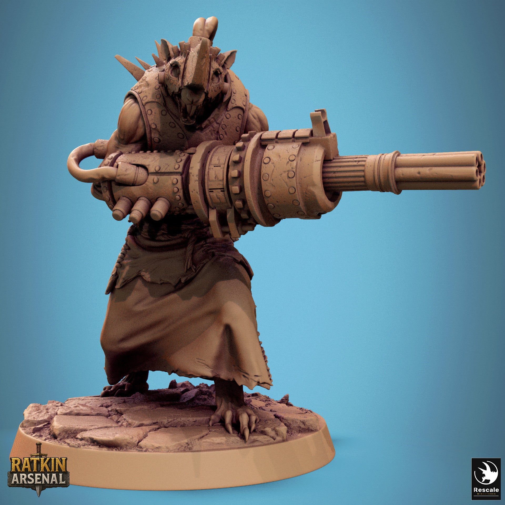 A 3D model of a heavily armored and armed character, possibly a warrior or pirate, standing on a base and holding a large gun.