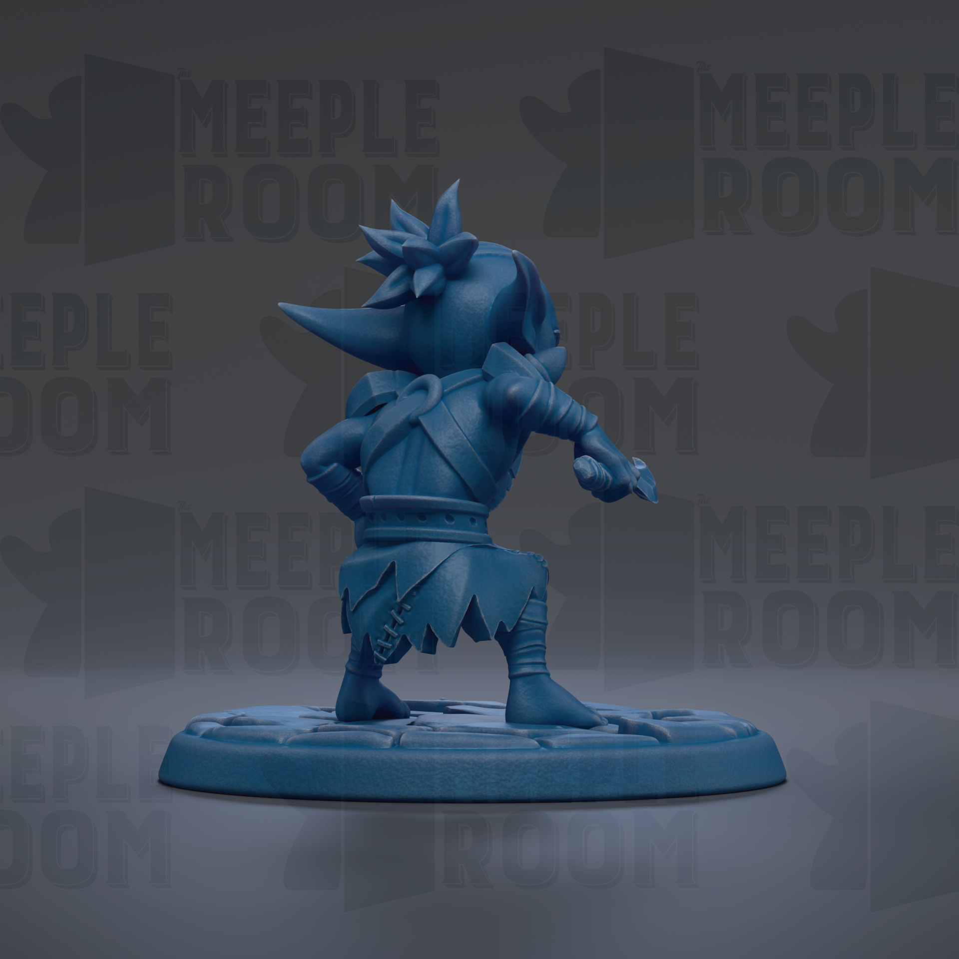 A blue figurine of a character with a pointed hat and a sword, standing on a base.