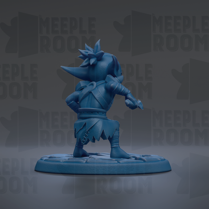 A blue figurine of a character with a pointed hat and a sword, standing on a base.