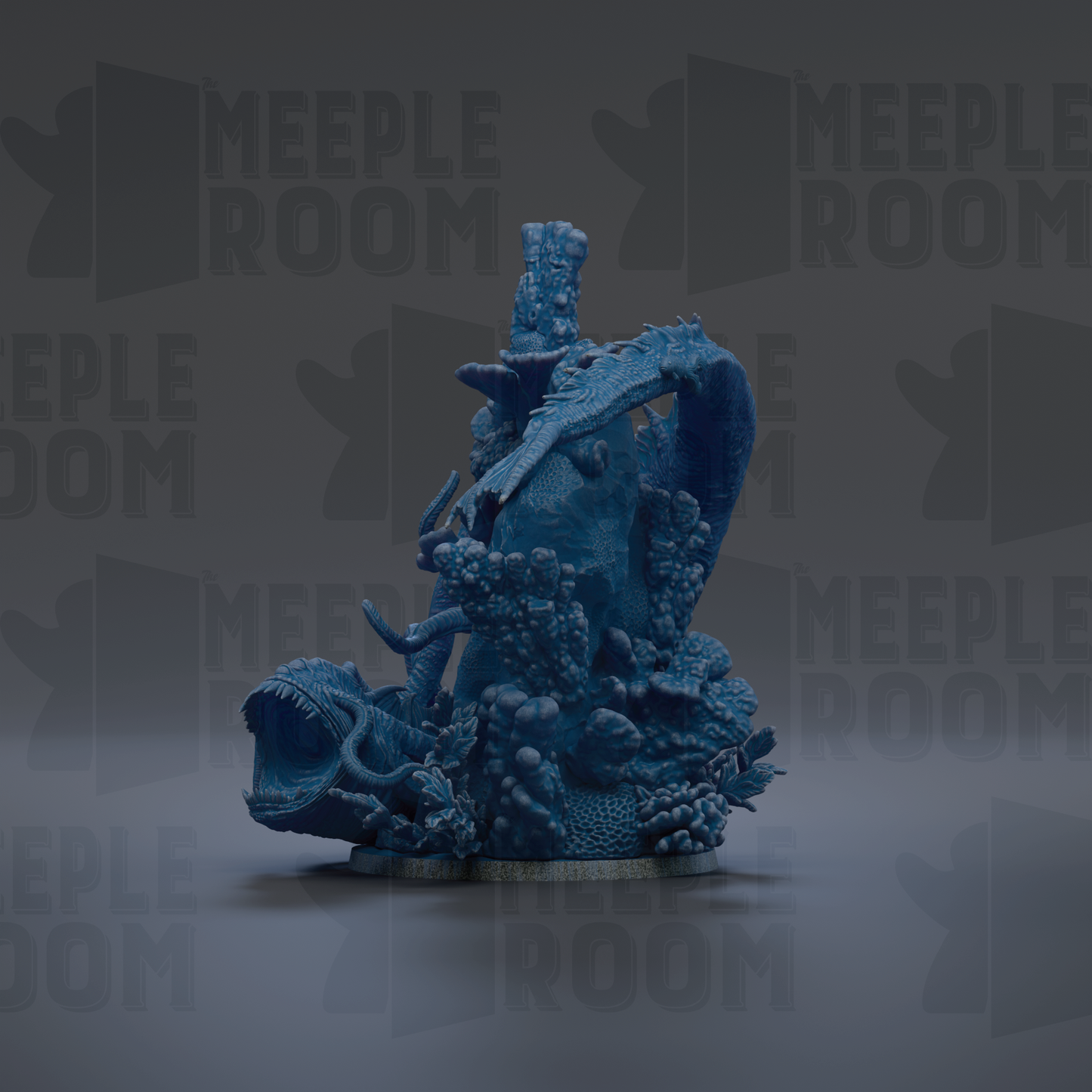 A 3D rendering of a blue, fantastical creature resembling a dragon or sea monster, with intricate details and textures.