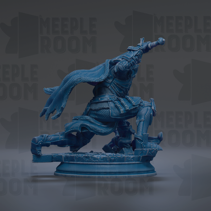A blue figurine of a warrior figure with a sword in hand, standing on a pedestal.