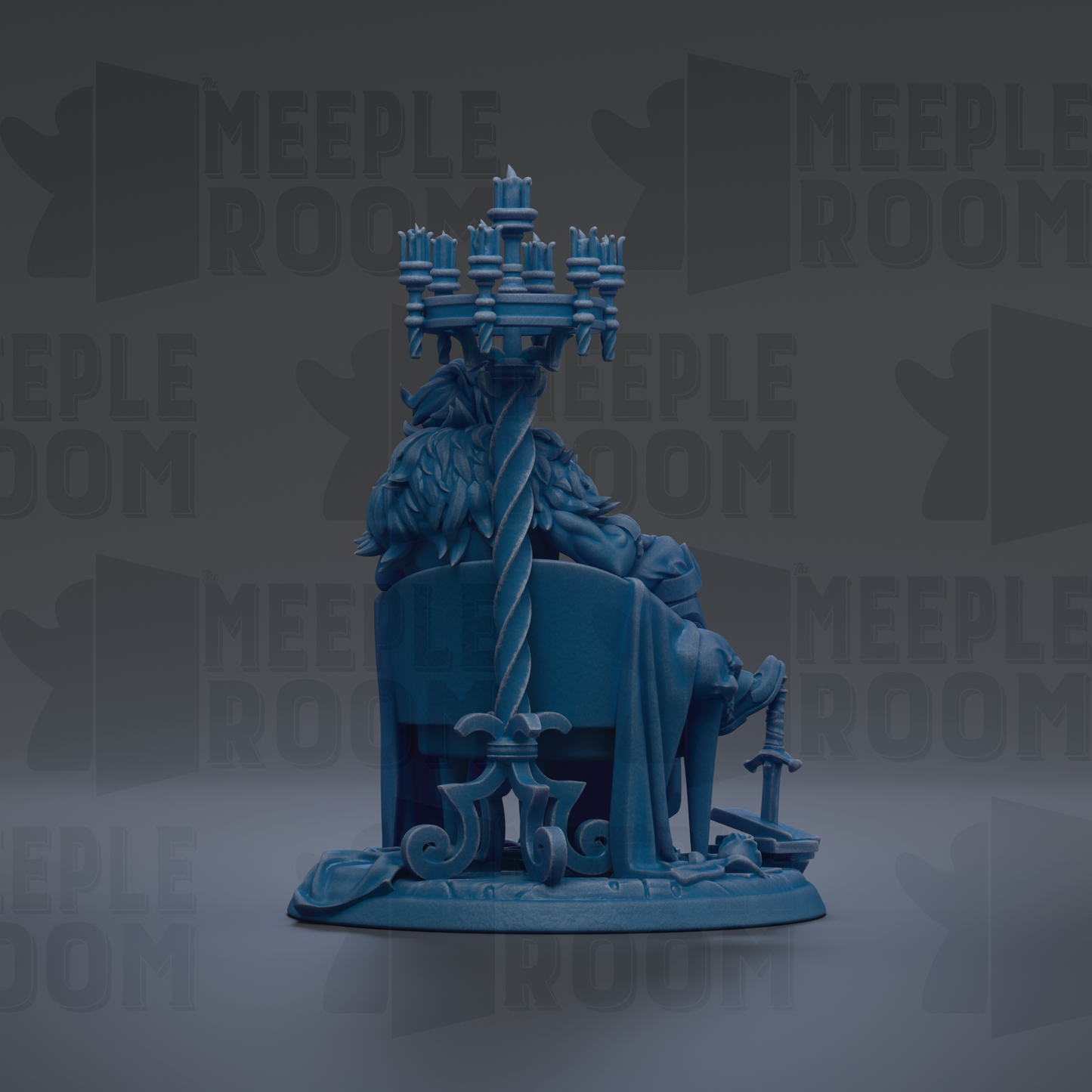 A blue statue of a person sitting on a throne, with a large chandelier above them.
